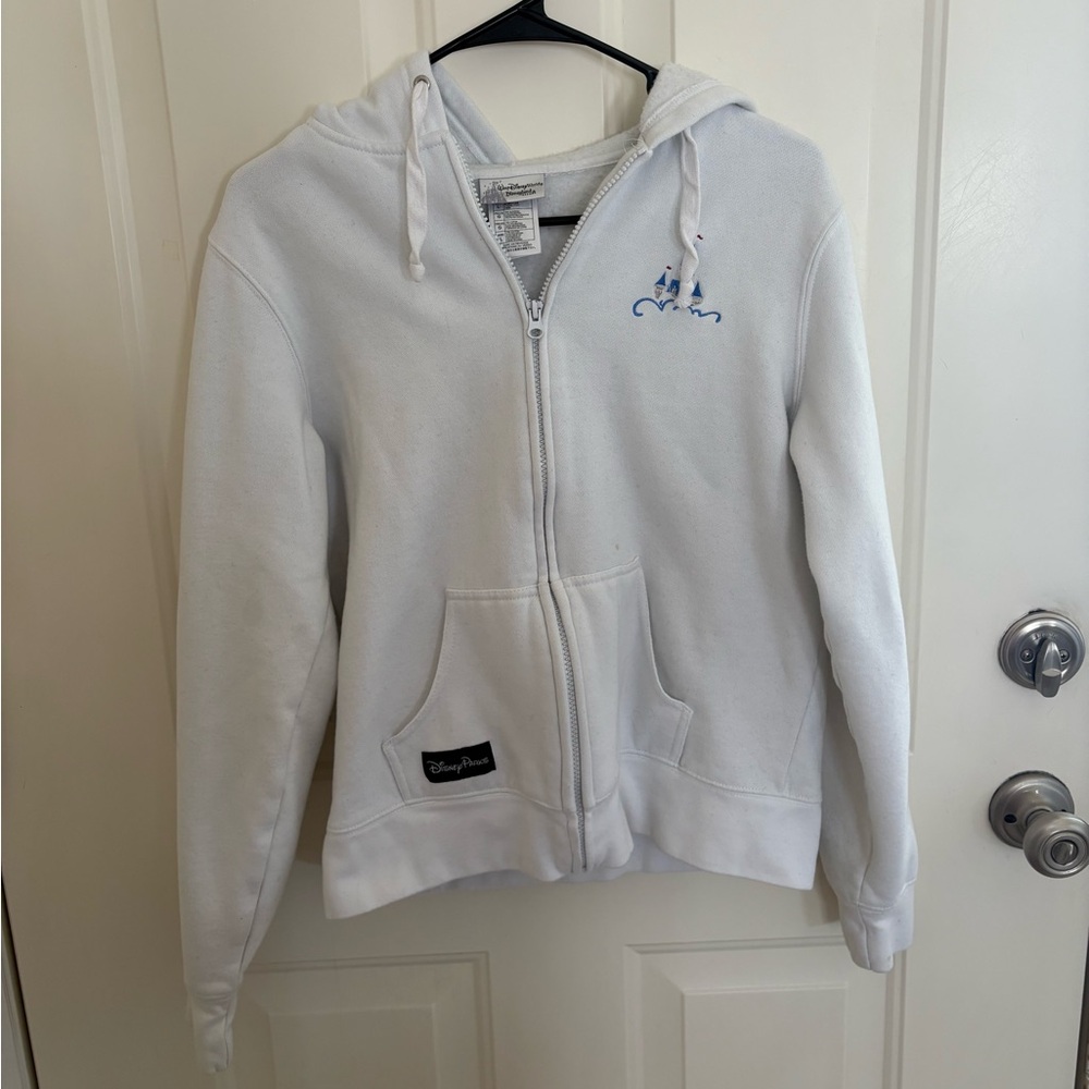 Disney Parks White Hooded Zip-Up Jacket with Castle Detail size Large